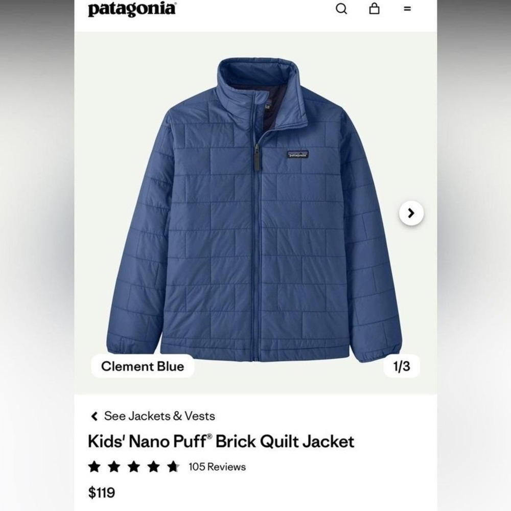 Patagonia Kids Size XL 14 Nano Puff® Brick Quilt Jacket Utility Blue color